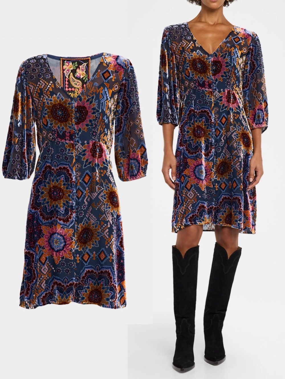 NWT Johnny Was Ryan Burnout Velvet Mini Dress XS Floral Boho Velvet Fairy Grunge